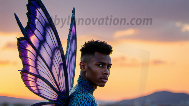 Brought to life through AI, Capturing the Pristine and Elusive Male Fairy. Imagine a realm where handsome shirtless men & boys possess enormous, shimmering crystal wings, vibrant and radiant, capturing and reflecting the light of the environment in a mesmerizing way, and adding a touch of mystery to their intense visage. Outdoors in a fantasy mysterious enchanted realm.