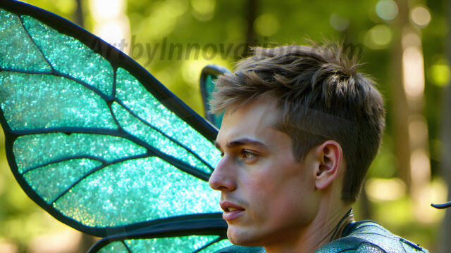 Brought to life through AI, Capturing the Pristine and Elusive Male Fairy. Imagine a realm where handsome shirtless men & boys possess enormous, shimmering crystal wings, vibrant and radiant, capturing and reflecting the light of the environment in a mesmerizing way, and adding a touch of mystery to their intense visage. Outdoors in a fantasy mysterious enchanted realm.