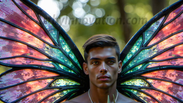 Brought to life through AI, Capturing the Pristine and Elusive Male Fairy. Imagine a realm where handsome shirtless men & boys possess enormous, shimmering crystal wings, vibrant and radiant, capturing and reflecting the light of the environment in a mesmerizing way, and adding a touch of mystery to their intense visage. Outdoors in a fantasy mysterious enchanted realm.