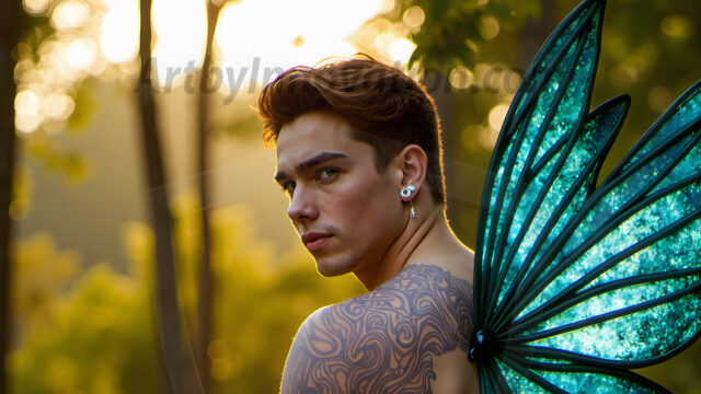 Brought to life through AI, Capturing the Pristine and Elusive Male Fairy. Imagine a realm where handsome shirtless men & boys possess enormous, shimmering crystal wings, vibrant and radiant, capturing and reflecting the light of the environment in a mesmerizing way, and adding a touch of mystery to their intense visage. Outdoors in a fantasy mysterious enchanted realm.