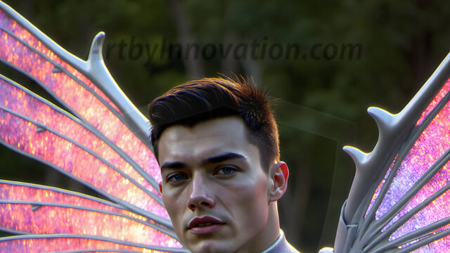 Brought to life through AI, Capturing the Pristine and Elusive Male Fairy. Imagine a realm where handsome shirtless men & boys possess enormous, shimmering crystal wings, vibrant and radiant, capturing and reflecting the light of the environment in a mesmerizing way, and adding a touch of mystery to their intense visage. Outdoors in a fantasy mysterious enchanted realm.