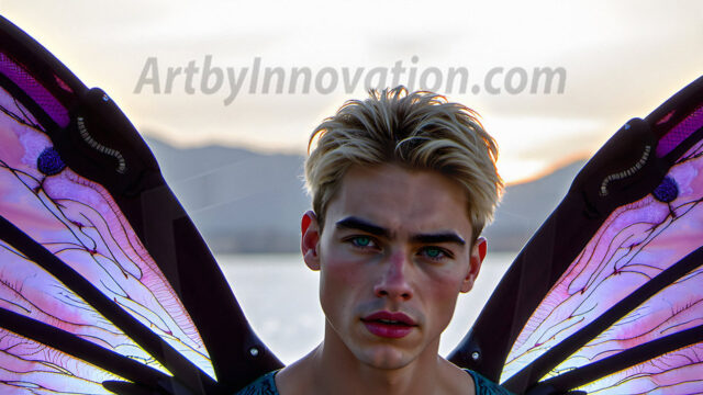 Brought to life through AI, Capturing the Pristine and Elusive Male Fairy. Imagine a realm where handsome shirtless men & boys possess enormous, shimmering crystal wings, vibrant and radiant, capturing and reflecting the light of the environment in a mesmerizing way, and adding a touch of mystery to their intense visage. Outdoors in a fantasy mysterious enchanted realm.