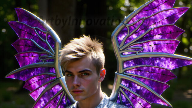 Brought to life through AI, Capturing the Pristine and Elusive Male Fairy. Imagine a realm where handsome shirtless men & boys possess enormous, shimmering crystal wings, vibrant and radiant, capturing and reflecting the light of the environment in a mesmerizing way, and adding a touch of mystery to their intense visage. Outdoors in a fantasy mysterious enchanted realm.