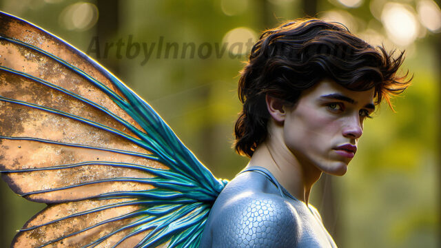 Brought to life through AI, Capturing the Pristine and Elusive Male Fairy. Imagine a realm where handsome shirtless men & boys possess enormous, shimmering crystal wings, vibrant and radiant, capturing and reflecting the light of the environment in a mesmerizing way, and adding a touch of mystery to their intense visage. Outdoors in a fantasy mysterious enchanted realm.