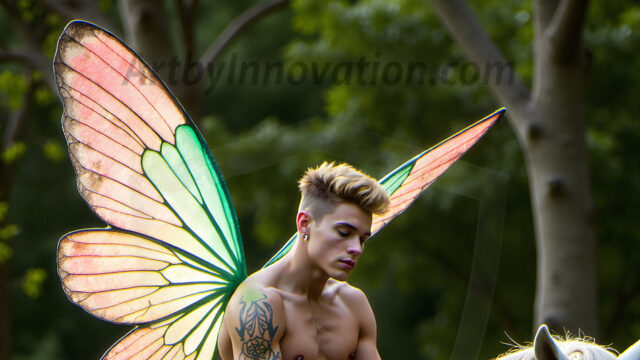 Brought to life through AI, Capturing the Pristine and Elusive Male Fairy. Imagine a realm where handsome shirtless men & boys possess enormous, shimmering crystal wings, vibrant and radiant, capturing and reflecting the light of the environment in a mesmerizing way, and adding a touch of mystery to their intense visage. Outdoors in a fantasy mysterious enchanted realm.