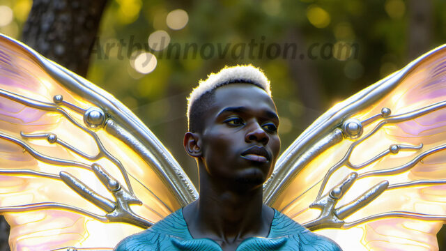 Brought to life through AI, Capturing the Pristine and Elusive Male Fairy. Imagine a realm where handsome shirtless men & boys possess enormous, shimmering crystal wings, vibrant and radiant, capturing and reflecting the light of the environment in a mesmerizing way, and adding a touch of mystery to their intense visage. Outdoors in a fantasy mysterious enchanted realm.