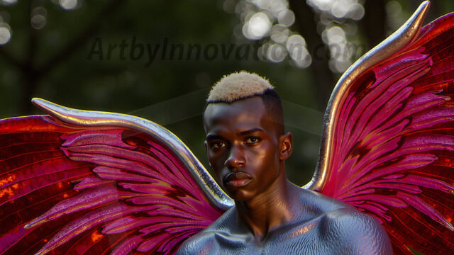 Brought to life through AI, Capturing the Pristine and Elusive Male Fairy. Imagine a realm where handsome shirtless men & boys possess enormous, shimmering crystal wings, vibrant and radiant, capturing and reflecting the light of the environment in a mesmerizing way, and adding a touch of mystery to their intense visage. Outdoors in a fantasy mysterious enchanted realm.