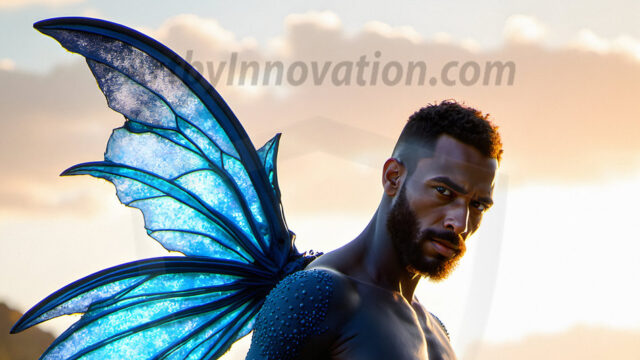 Brought to life through AI, Capturing the Pristine and Elusive Male Fairy. Imagine a realm where handsome shirtless men & boys possess enormous, shimmering crystal wings, vibrant and radiant, capturing and reflecting the light of the environment in a mesmerizing way, and adding a touch of mystery to their intense visage. Outdoors in a fantasy mysterious enchanted realm.