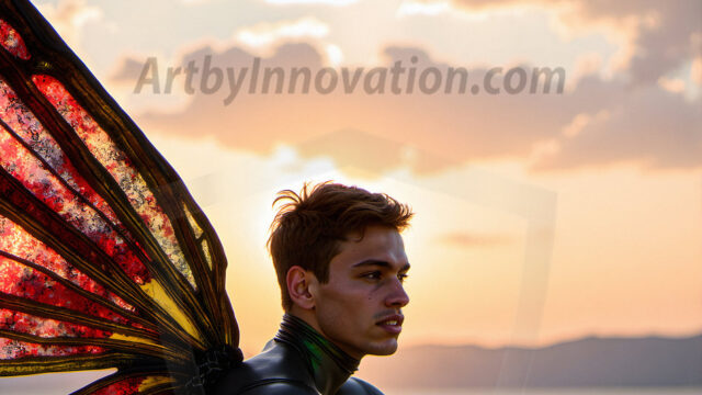 Brought to life through AI, Capturing the Pristine and Elusive Male Fairy. Imagine a realm where handsome shirtless men & boys possess enormous, shimmering crystal wings, vibrant and radiant, capturing and reflecting the light of the environment in a mesmerizing way, and adding a touch of mystery to their intense visage. Outdoors in a fantasy mysterious enchanted realm.