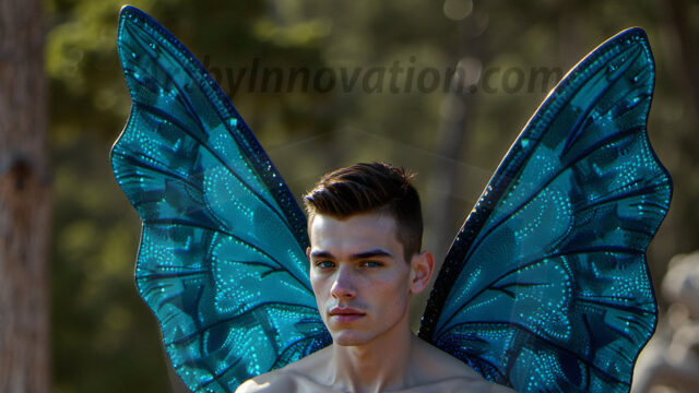 Brought to life through AI, Capturing the Pristine and Elusive Male Fairy. Imagine a realm where handsome shirtless men & boys possess enormous, shimmering crystal wings, vibrant and radiant, capturing and reflecting the light of the environment in a mesmerizing way, and adding a touch of mystery to their intense visage. Outdoors in a fantasy mysterious enchanted realm.