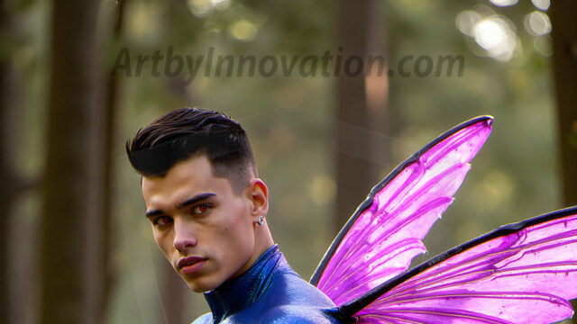 Brought to life through AI, Capturing the Pristine and Elusive Male Fairy. Imagine a realm where handsome shirtless men & boys possess enormous, shimmering crystal wings, vibrant and radiant, capturing and reflecting the light of the environment in a mesmerizing way, and adding a touch of mystery to their intense visage. Outdoors in a fantasy mysterious enchanted realm.