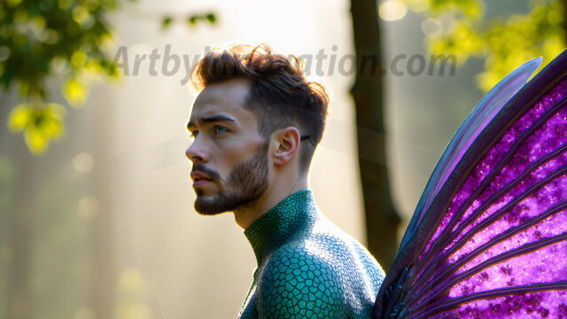 Brought to life through AI, Capturing the Pristine and Elusive Male Fairy. Imagine a realm where handsome shirtless men & boys possess enormous, shimmering crystal wings, vibrant and radiant, capturing and reflecting the light of the environment in a mesmerizing way, and adding a touch of mystery to their intense visage. Outdoors in a fantasy mysterious enchanted realm.