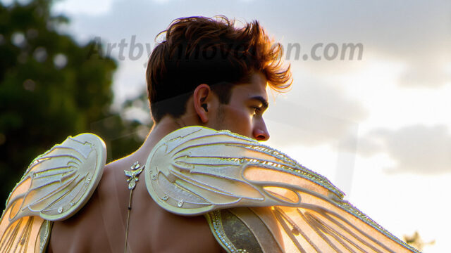 Brought to life through AI, Capturing the Pristine and Elusive Male Fairy. Imagine a realm where handsome shirtless men & boys possess enormous, shimmering crystal wings, vibrant and radiant, capturing and reflecting the light of the environment in a mesmerizing way, and adding a touch of mystery to their intense visage. Outdoors in a fantasy mysterious enchanted realm.
