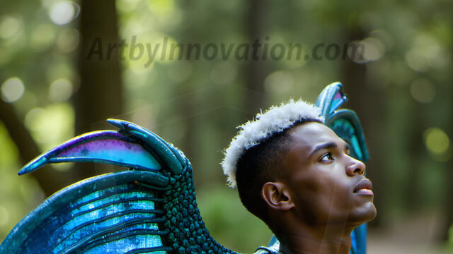 Brought to life through AI, Capturing the Pristine and Elusive Male Fairy. Imagine a realm where handsome shirtless men & boys possess enormous, shimmering crystal wings, vibrant and radiant, capturing and reflecting the light of the environment in a mesmerizing way, and adding a touch of mystery to their intense visage. Outdoors in a fantasy mysterious enchanted realm.