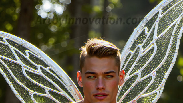 Brought to life through AI, Capturing the Pristine and Elusive Male Fairy. Imagine a realm where handsome shirtless men & boys possess enormous, shimmering crystal wings, vibrant and radiant, capturing and reflecting the light of the environment in a mesmerizing way, and adding a touch of mystery to their intense visage. Outdoors in a fantasy mysterious enchanted realm.