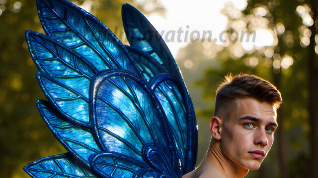 Brought to life through AI, Capturing the Pristine and Elusive Male Fairy. Imagine a realm where handsome shirtless men & boys possess enormous, shimmering crystal wings, vibrant and radiant, capturing and reflecting the light of the environment in a mesmerizing way, and adding a touch of mystery to their intense visage. Outdoors in a fantasy mysterious enchanted realm.
