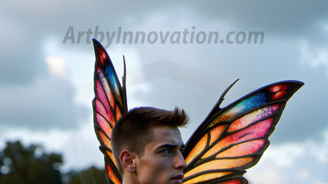 Brought to life through AI, Capturing the Pristine and Elusive Male Fairy. Imagine a realm where handsome shirtless men & boys possess enormous, shimmering crystal wings, vibrant and radiant, capturing and reflecting the light of the environment in a mesmerizing way, and adding a touch of mystery to their intense visage. Outdoors in a fantasy mysterious enchanted realm.