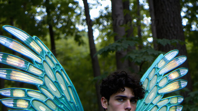 Brought to life through AI, Capturing the Pristine and Elusive Male Fairy. Imagine a realm where handsome shirtless men & boys possess enormous, shimmering crystal wings, vibrant and radiant, capturing and reflecting the light of the environment in a mesmerizing way, and adding a touch of mystery to their intense visage. Outdoors in a fantasy mysterious enchanted realm.