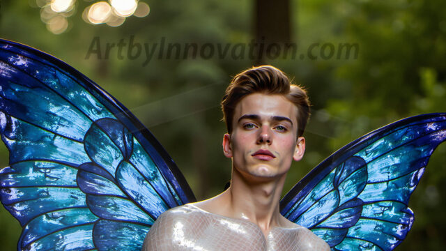 Brought to life through AI, Capturing the Pristine and Elusive Male Fairy. Imagine a realm where handsome shirtless men & boys possess enormous, shimmering crystal wings, vibrant and radiant, capturing and reflecting the light of the environment in a mesmerizing way, and adding a touch of mystery to their intense visage. Outdoors in a fantasy mysterious enchanted realm.