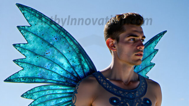 Brought to life through AI, Capturing the Pristine and Elusive Male Fairy. Imagine a realm where handsome shirtless men & boys possess enormous, shimmering crystal wings, vibrant and radiant, capturing and reflecting the light of the environment in a mesmerizing way, and adding a touch of mystery to their intense visage. Outdoors in a fantasy mysterious enchanted realm.