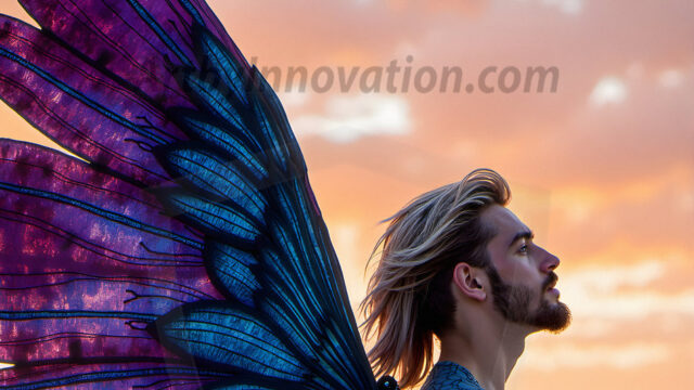 Brought to life through AI, Capturing the Pristine and Elusive Male Fairy. Imagine a realm where handsome shirtless men & boys possess enormous, shimmering crystal wings, vibrant and radiant, capturing and reflecting the light of the environment in a mesmerizing way, and adding a touch of mystery to their intense visage. Outdoors in a fantasy mysterious enchanted realm.