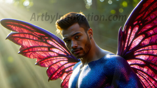 Brought to life through AI, Capturing the Pristine and Elusive Male Fairy. Imagine a realm where handsome shirtless men & boys possess enormous, shimmering crystal wings, vibrant and radiant, capturing and reflecting the light of the environment in a mesmerizing way, and adding a touch of mystery to their intense visage. Outdoors in a fantasy mysterious enchanted realm.