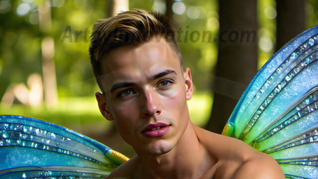 Brought to life through AI, Capturing the Pristine and Elusive Male Fairy. Imagine a realm where handsome shirtless men & boys possess enormous, shimmering crystal wings, vibrant and radiant, capturing and reflecting the light of the environment in a mesmerizing way, and adding a touch of mystery to their intense visage. Outdoors in a fantasy mysterious enchanted realm.
