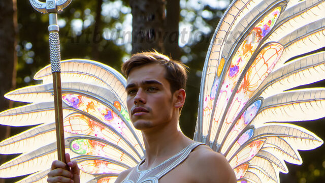 Brought to life through AI, Capturing the Pristine and Elusive Male Fairy. Imagine a realm where handsome shirtless men & boys possess enormous, shimmering crystal wings, vibrant and radiant, capturing and reflecting the light of the environment in a mesmerizing way, and adding a touch of mystery to their intense visage. Outdoors in a fantasy mysterious enchanted realm.