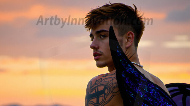 Brought to life through AI, Capturing the Pristine and Elusive Male Fairy. Imagine a realm where handsome shirtless men & boys possess enormous, shimmering crystal wings, vibrant and radiant, capturing and reflecting the light of the environment in a mesmerizing way, and adding a touch of mystery to their intense visage. Outdoors in a fantasy mysterious enchanted realm.