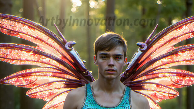 Brought to life through AI, Capturing the Pristine and Elusive Male Fairy. Imagine a realm where handsome shirtless men & boys possess enormous, shimmering crystal wings, vibrant and radiant, capturing and reflecting the light of the environment in a mesmerizing way, and adding a touch of mystery to their intense visage. Outdoors in a fantasy mysterious enchanted realm.