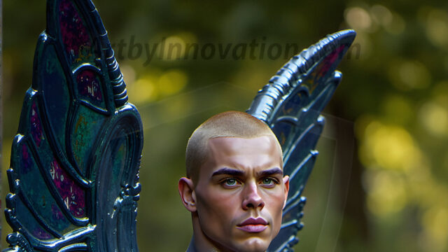Brought to life through AI, Capturing the Pristine and Elusive Male Fairy. Imagine a realm where handsome shirtless men & boys possess enormous, shimmering crystal wings, vibrant and radiant, capturing and reflecting the light of the environment in a mesmerizing way, and adding a touch of mystery to their intense visage. Outdoors in a fantasy mysterious enchanted realm.