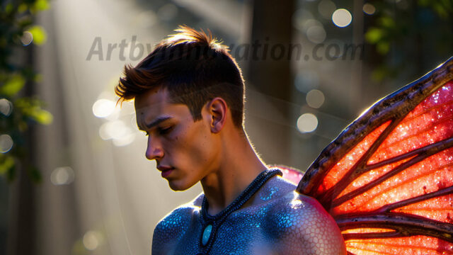 Brought to life through AI, Capturing the Pristine and Elusive Male Fairy. Imagine a realm where handsome shirtless men & boys possess enormous, shimmering crystal wings, vibrant and radiant, capturing and reflecting the light of the environment in a mesmerizing way, and adding a touch of mystery to their intense visage. Outdoors in a fantasy mysterious enchanted realm.