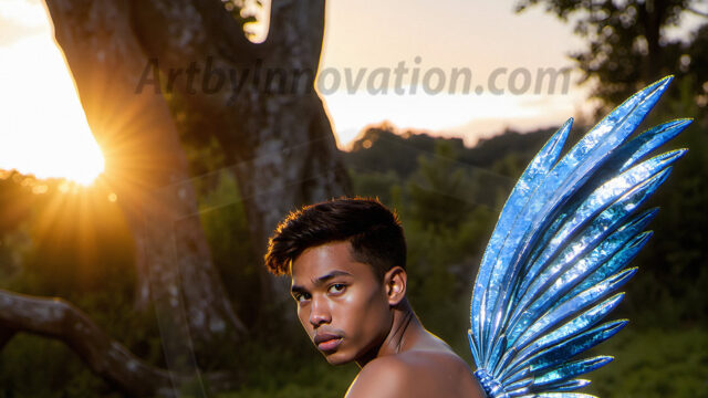 Brought to life through AI, Capturing the Pristine and Elusive Male Fairy. Imagine a realm where handsome shirtless men & boys possess enormous, shimmering crystal wings, vibrant and radiant, capturing and reflecting the light of the environment in a mesmerizing way, and adding a touch of mystery to their intense visage. Outdoors in a fantasy mysterious enchanted realm.