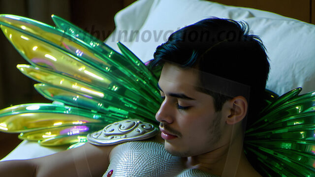 Brought to life through AI, Capturing the Pristine and Elusive Male Fairy. Imagine a realm where handsome shirtless men & boys possess enormous, shimmering crystal wings, vibrant and radiant, capturing and reflecting the light of the environment in a mesmerizing way, and adding a touch of mystery to their intense visage. Outdoors in a fantasy mysterious enchanted realm.