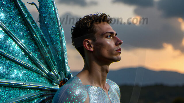 Brought to life through AI, Capturing the Pristine and Elusive Male Fairy. Imagine a realm where handsome shirtless men & boys possess enormous, shimmering crystal wings, vibrant and radiant, capturing and reflecting the light of the environment in a mesmerizing way, and adding a touch of mystery to their intense visage. Outdoors in a fantasy mysterious enchanted realm.