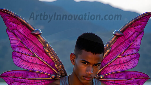 Brought to life through AI, Capturing the Pristine and Elusive Male Fairy. Imagine a realm where handsome shirtless men & boys possess enormous, shimmering crystal wings, vibrant and radiant, capturing and reflecting the light of the environment in a mesmerizing way, and adding a touch of mystery to their intense visage. Outdoors in a fantasy mysterious enchanted realm.