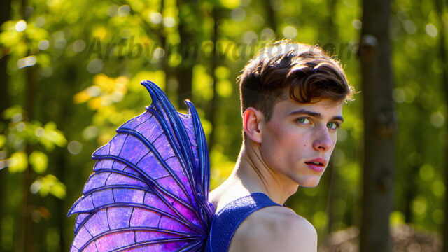 Brought to life through AI, Capturing the Pristine and Elusive Male Fairy. Imagine a realm where handsome shirtless men & boys possess enormous, shimmering crystal wings, vibrant and radiant, capturing and reflecting the light of the environment in a mesmerizing way, and adding a touch of mystery to their intense visage. Outdoors in a fantasy mysterious enchanted realm.