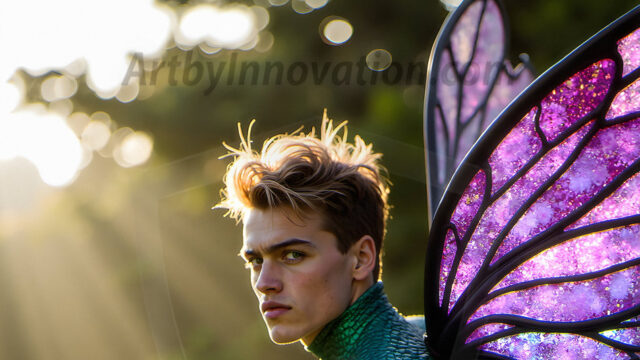 Brought to life through AI, Capturing the Pristine and Elusive Male Fairy. Imagine a realm where handsome shirtless men & boys possess enormous, shimmering crystal wings, vibrant and radiant, capturing and reflecting the light of the environment in a mesmerizing way, and adding a touch of mystery to their intense visage. Outdoors in a fantasy mysterious enchanted realm.