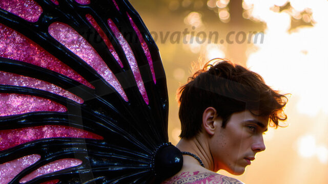 Brought to life through AI, Capturing the Pristine and Elusive Male Fairy. Imagine a realm where handsome shirtless men & boys possess enormous, shimmering crystal wings, vibrant and radiant, capturing and reflecting the light of the environment in a mesmerizing way, and adding a touch of mystery to their intense visage. Outdoors in a fantasy mysterious enchanted realm.