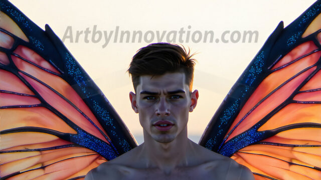 Brought to life through AI, Capturing the Pristine and Elusive Male Fairy. Imagine a realm where handsome shirtless men & boys possess enormous, shimmering crystal wings, vibrant and radiant, capturing and reflecting the light of the environment in a mesmerizing way, and adding a touch of mystery to their intense visage. Outdoors in a fantasy mysterious enchanted realm.