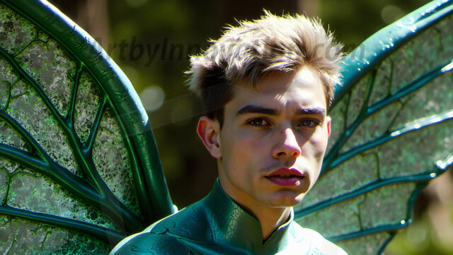 Brought to life through AI, Capturing the Pristine and Elusive Male Fairy. Imagine a realm where handsome shirtless men & boys possess enormous, shimmering crystal wings, vibrant and radiant, capturing and reflecting the light of the environment in a mesmerizing way, and adding a touch of mystery to their intense visage. Outdoors in a fantasy mysterious enchanted realm.