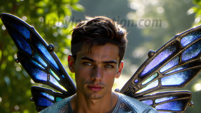 Brought to life through AI, Capturing the Pristine and Elusive Male Fairy. Imagine a realm where handsome shirtless men & boys possess enormous, shimmering crystal wings, vibrant and radiant, capturing and reflecting the light of the environment in a mesmerizing way, and adding a touch of mystery to their intense visage. Outdoors in a fantasy mysterious enchanted realm.