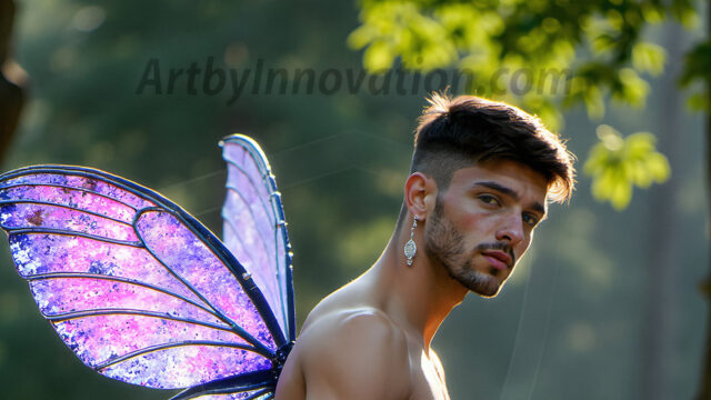Brought to life through AI, Capturing the Pristine and Elusive Male Fairy. Imagine a realm where handsome shirtless men & boys possess enormous, shimmering crystal wings, vibrant and radiant, capturing and reflecting the light of the environment in a mesmerizing way, and adding a touch of mystery to their intense visage. Outdoors in a fantasy mysterious enchanted realm.