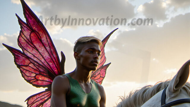 Brought to life through AI, Capturing the Pristine and Elusive Male Fairy. Imagine a realm where handsome shirtless men & boys possess enormous, shimmering crystal wings, vibrant and radiant, capturing and reflecting the light of the environment in a mesmerizing way, and adding a touch of mystery to their intense visage. Outdoors in a fantasy mysterious enchanted realm.