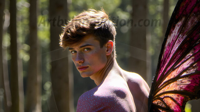 Brought to life through AI, Capturing the Pristine and Elusive Male Fairy. Imagine a realm where handsome shirtless men & boys possess enormous, shimmering crystal wings, vibrant and radiant, capturing and reflecting the light of the environment in a mesmerizing way, and adding a touch of mystery to their intense visage. Outdoors in a fantasy mysterious enchanted realm.