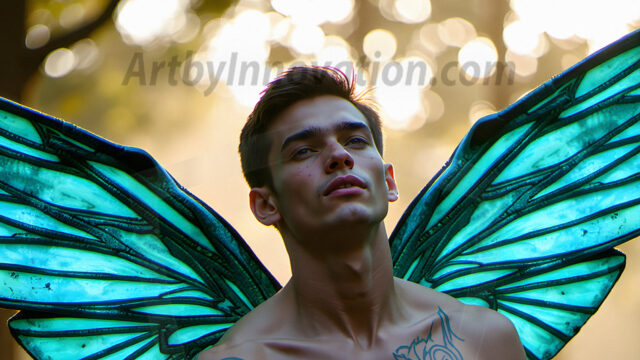Brought to life through AI, Capturing the Pristine and Elusive Male Fairy. Imagine a realm where handsome shirtless men & boys possess enormous, shimmering crystal wings, vibrant and radiant, capturing and reflecting the light of the environment in a mesmerizing way, and adding a touch of mystery to their intense visage. Outdoors in a fantasy mysterious enchanted realm.