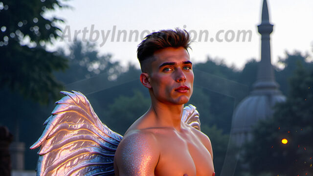 Brought to life through AI, Capturing the Pristine and Elusive Male Fairy. Imagine a realm where handsome shirtless men & boys possess enormous, shimmering crystal wings, vibrant and radiant, capturing and reflecting the light of the environment in a mesmerizing way, and adding a touch of mystery to their intense visage. Outdoors in a fantasy mysterious enchanted realm.