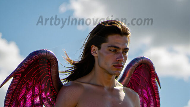 Brought to life through AI, Capturing the Pristine and Elusive Male Fairy. Imagine a realm where handsome shirtless men & boys possess enormous, shimmering crystal wings, vibrant and radiant, capturing and reflecting the light of the environment in a mesmerizing way, and adding a touch of mystery to their intense visage. Outdoors in a fantasy mysterious enchanted realm.