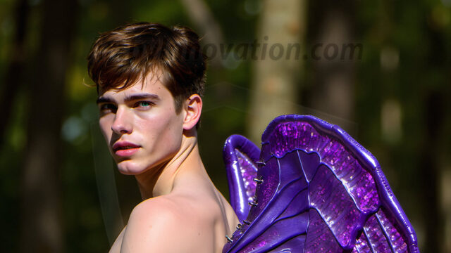 Brought to life through AI, Capturing the Pristine and Elusive Male Fairy. Imagine a realm where handsome shirtless men & boys possess enormous, shimmering crystal wings, vibrant and radiant, capturing and reflecting the light of the environment in a mesmerizing way, and adding a touch of mystery to their intense visage. Outdoors in a fantasy mysterious enchanted realm.