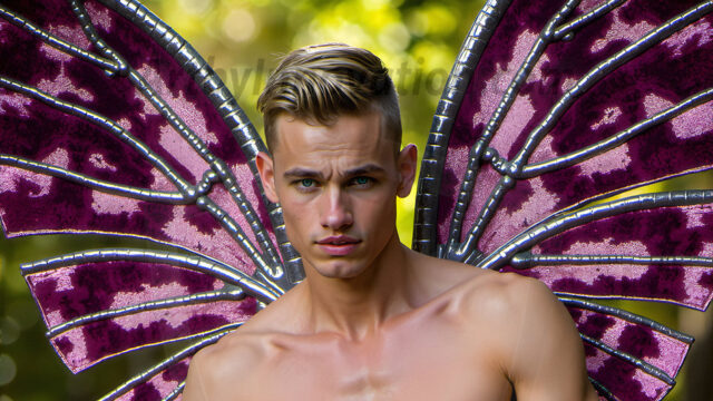 Brought to life through AI, Capturing the Pristine and Elusive Male Fairy. Imagine a realm where handsome shirtless men & boys possess enormous, shimmering crystal wings, vibrant and radiant, capturing and reflecting the light of the environment in a mesmerizing way, and adding a touch of mystery to their intense visage. Outdoors in a fantasy mysterious enchanted realm.